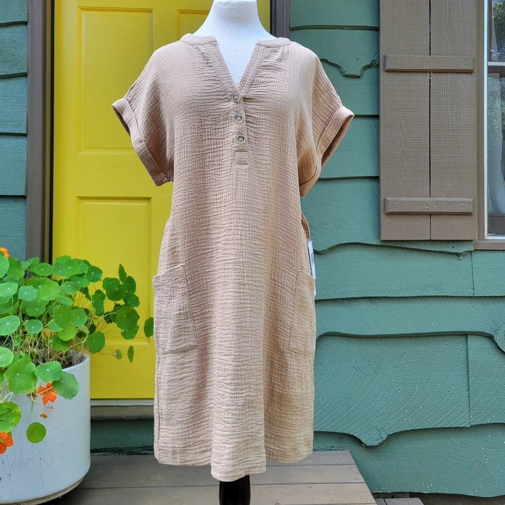 NWT Luxology Taupe Cotton Gauze Dress XL | Coastal Neutral V Neck Boho - Picture 1 of 13